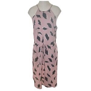 LOFT Midi Dress Womens Small Pink Black White Leaf Print Halter Drawstring Waist